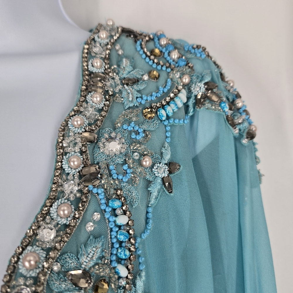 Marchesa Couture Aqua Blue Embellished Neckline Chiffon Caftan Gown No Size - Picture 9 of 16